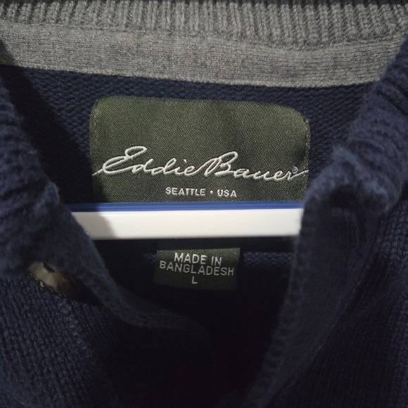Eddie Bauer Mens Navy Blue Cotton Shawl Collar Button Pullover Sweater Size L - Picture 3 of 8